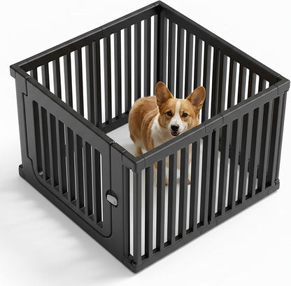 Jatindear 7 Panels Plastic Dog Playpen, Expandable & Durable Pet Fence - Indoor & Outdoor Portable with Secure Locking Door, Durable Safety Play Pen with Puppy, Cat, Small Animal(Black, 23.62" H)