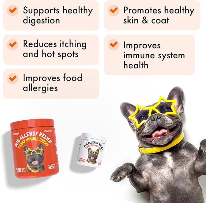 Allergy Relief Chews for Dogs & Immune & Digestive Supplement with Wild Salmon Oil Kelp Colostrum Turmeric Probiotics & Bee Pollen for Seasonal Allergies Anti Itch, Skin Hot Spots 30 Soft Treats