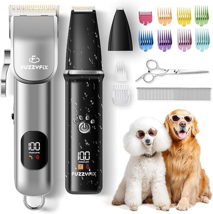 FuzzyFix Dog Grooming Kit, Dog Clippers for Grooming for Thick Curly Coats, Professional Pet Hair Shaver Paw Trimmer Cordless Rechargeable Low Noise for Dogs Cats Animals Face Ear