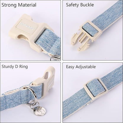 DOGWONG Cotton Hemp Dog Collar, Heavy-Duty Baby Blue Dog Collar Adjustable Soft Natural Fabric Pet Dog Collar Cute Wedding Puppy Necklace for Small Medium Large Dogs