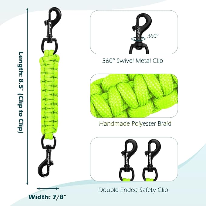 PetBonus Dog Collar Safety Clip, Handmade Backup Safety Strap for Dog Harness, Prong, Pinch Collar, Double Ended Clasp Leash Connector (Neon Green)