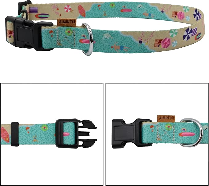 Dog Collar, Cute Holiday in Beach Pattern, Soft and Adjustable Collar with Quick Release Buckle (M (Neck 14-24", Width 3/4"), Beach Green)