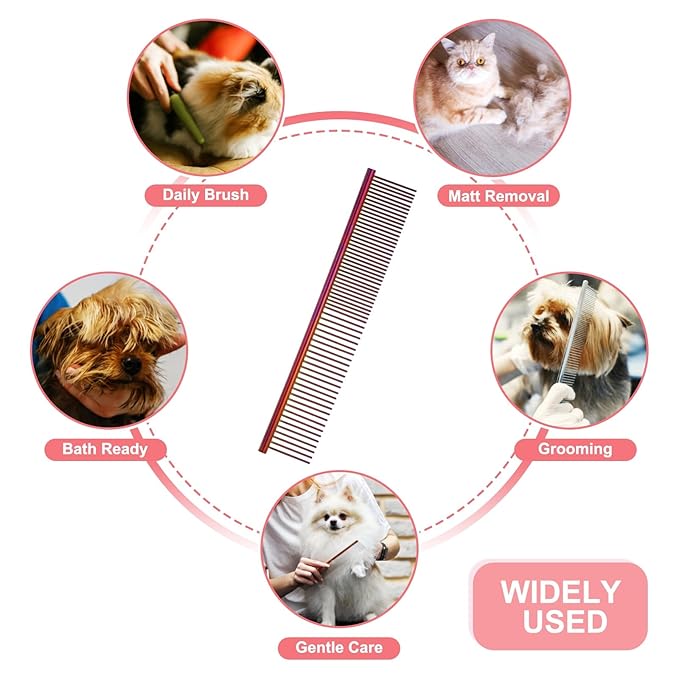 PETAXCELL Dog Cat Comb, Pet Combs Stainless Steel Teeth with Rounded Ends for Knots Mats Loose Hair Removal, 7.5IN (Purple Plated, 3 Pack), Grooming Tool Intended for Long Curly Hair Pet