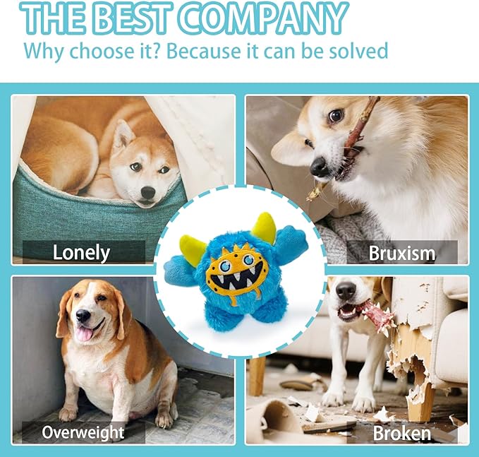 FCCUM Plush Squeaky Dog Ball, Little Monster Puppy Toys Suitable for All Breeds, Chew Guard, Floating Water and Durable Interactive, Round and Soft (Blue, Large)