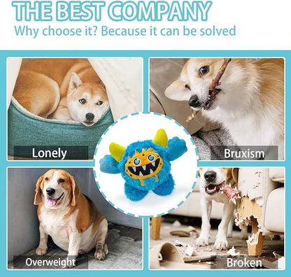 FCCUM Plush Squeaky Dog Ball, Little Monster Puppy Toys Suitable for All Breeds, Chew Guard, Floating Water and Durable Interactive, Round and Soft (Blue, Large)