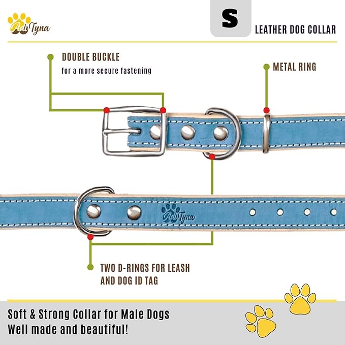 ADITYNA Heavy-Duty Leather Dog Collar for Small Dogs - Soft Padded for Comfort - Blue Dog Collar for Walking, Training, and Hiking