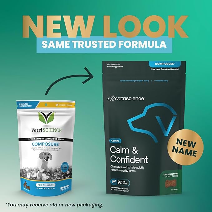 VetriScience Calm & Confident Chews, Composure Clinically Tested Calming and Anxiety Supplement for Dogs, Reduce Stress and Fear, Ideal for Thunderstorms, Fireworks and Travel, Chicken, 120 Count