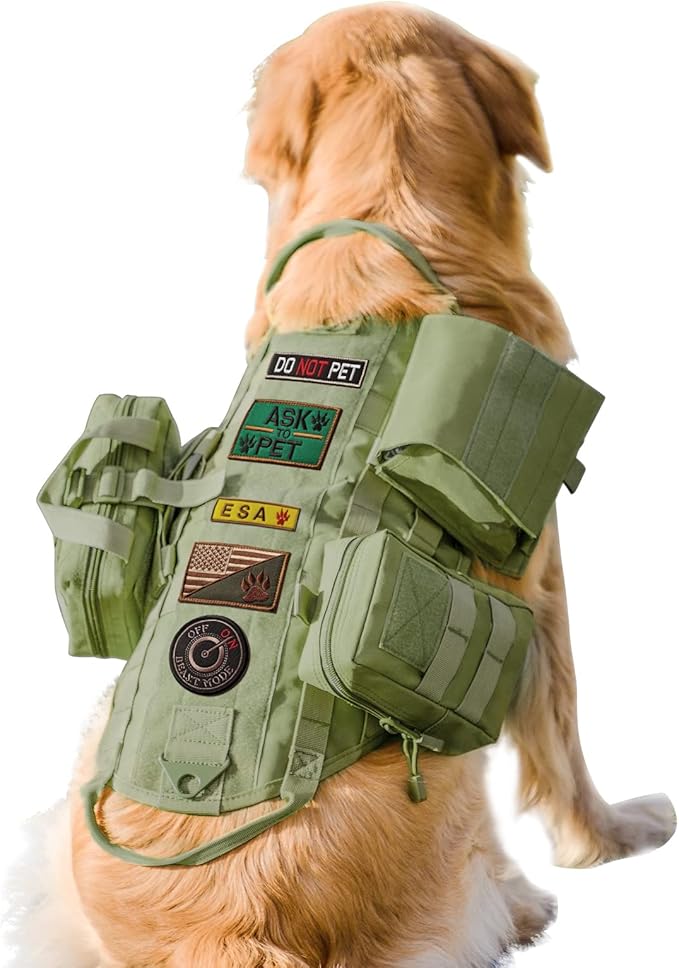 AIWAI Tactical Dog Harness with Pouches,Dog Vest Harness for Large Medium Dogs No-Pull Adjustable Military Dog Harness with Handle Walking Hiking Training (Army Green, M)
