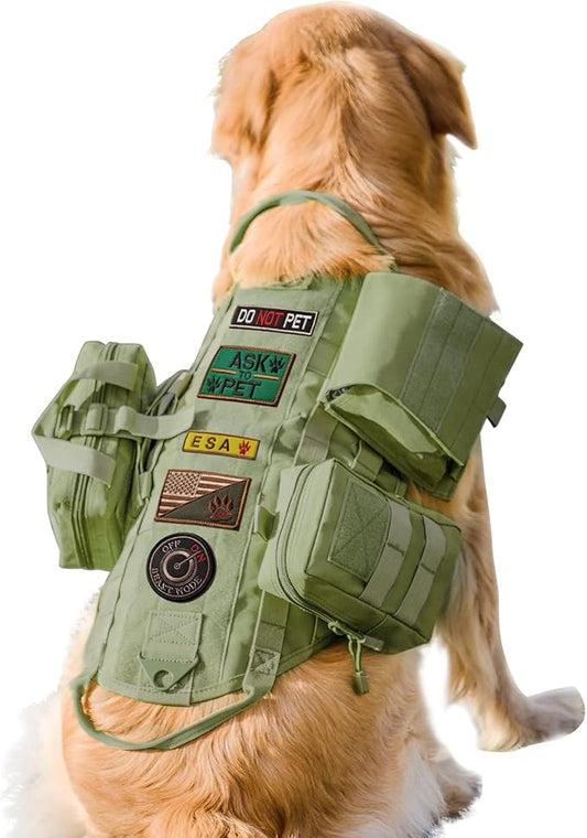 AIWAI Tactical Dog Harness with Pouches,Dog Vest Harness for Large Medium Dogs No-Pull Adjustable Military Dog Harness with Handle Walking Hiking Training (Army Green, S)