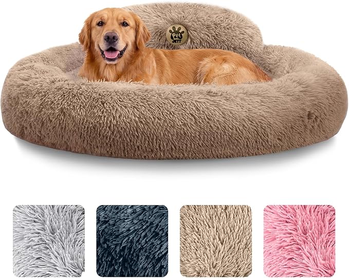 PetJett Calming Large Dog Bed - 36'' Donut Dog Beds, Anti-Slip & Washable Large Round Bed, Fluffy Faux Fur Pet Bed, Super Soft Anti-Anxiety Premium Comfort Bed, Fits Dogs up to 80 lbs - Beige
