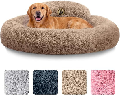 PetJett Calming Large Dog Bed - 36'' Donut Dog Beds, Anti-Slip & Washable Large Round Bed, Fluffy Faux Fur Pet Bed, Super Soft Anti-Anxiety Premium Comfort Bed, Fits Dogs up to 80 lbs - Beige
