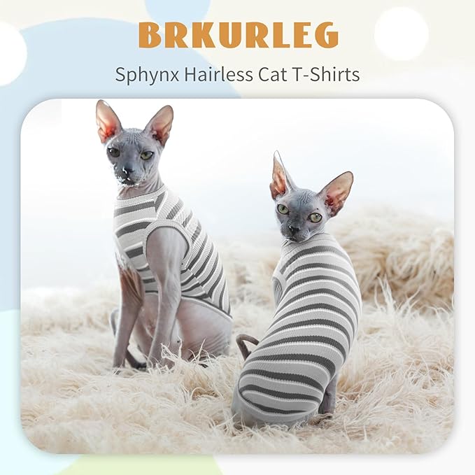 BRKURLEG Hairless Cats T Shirt, Cat Sweaters, Pullover Kitten Shirts, Sleeveless Round Collar Cotton Vest for Cornish Rex Devon Rex Peterbald and Small Dogs Sweater(Grey Stripes, L)