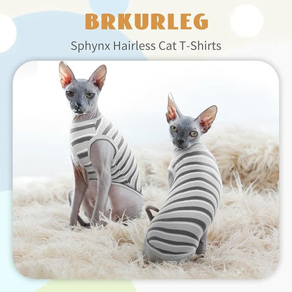 BRKURLEG Hairless Cats T Shirt, Cat Sweaters, Pullover Kitten Shirts, Sleeveless Round Collar Cotton Vest for Cornish Rex Devon Rex Peterbald and Small Dogs Sweater(Grey Stripes, L)