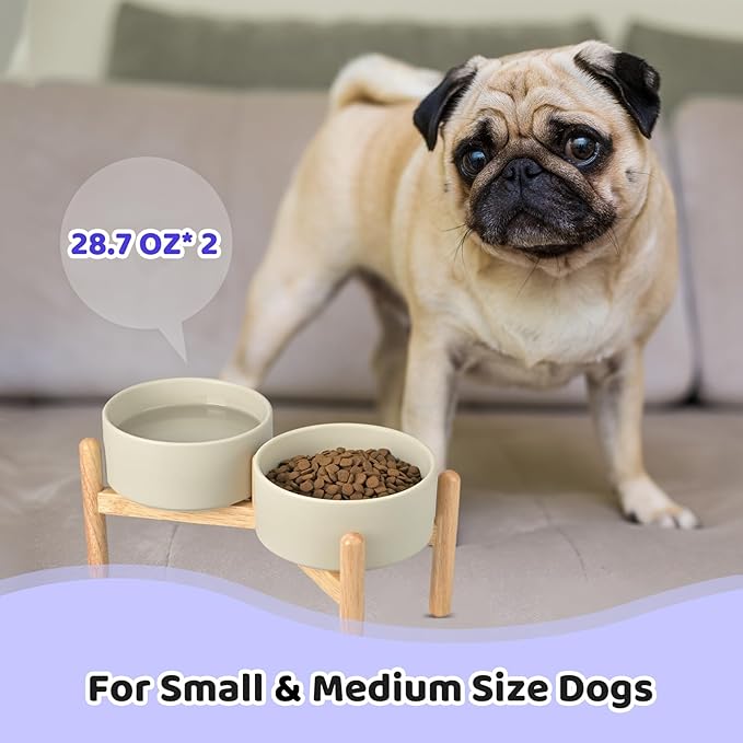 SPUNKYJUNKY Ceramics Raised Bowls with Wooden Stand - Elevated Dog Food and Water Bowl (Double 28.7OZ, Grey)