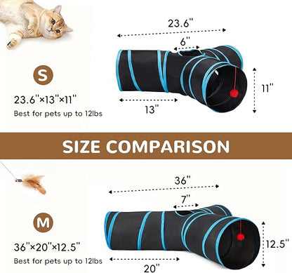 Tempcore Pet Tunnel Tube Cat Toys 3 Way Collapsible, Cat Tunnels for Indoor Cats，Kitty Tunnel Bored Cat Pet Toys Peek Hole Toy Ball, Puppy, Kitty, Kitten, Rabbit Blue Large Size