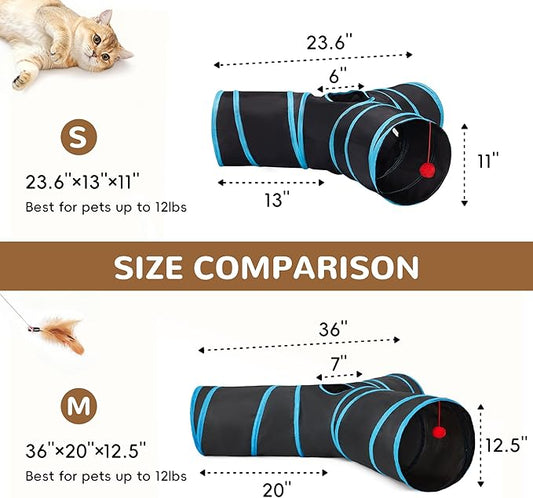 Tempcore Pet Tunnel Tube Cat Toys 3 Way Collapsible, Cat Tunnels for Indoor Cats，Kitty Tunnel Bored Cat Pet Toys Peek Hole Toy Ball, Puppy, Kitty, Kitten, Rabbit Blue Large Size
