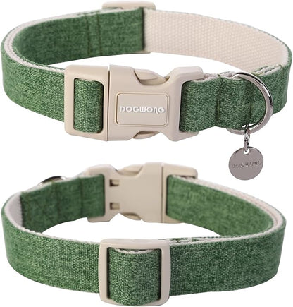 DOGWONG Cotton Hemp Dog Collar, Heavy-Duty Green Dog Collar Adjustable Soft Natural Fabric Pet Dog Collar Cute Wedding Puppy Necklace for Small Medium Large Dogs