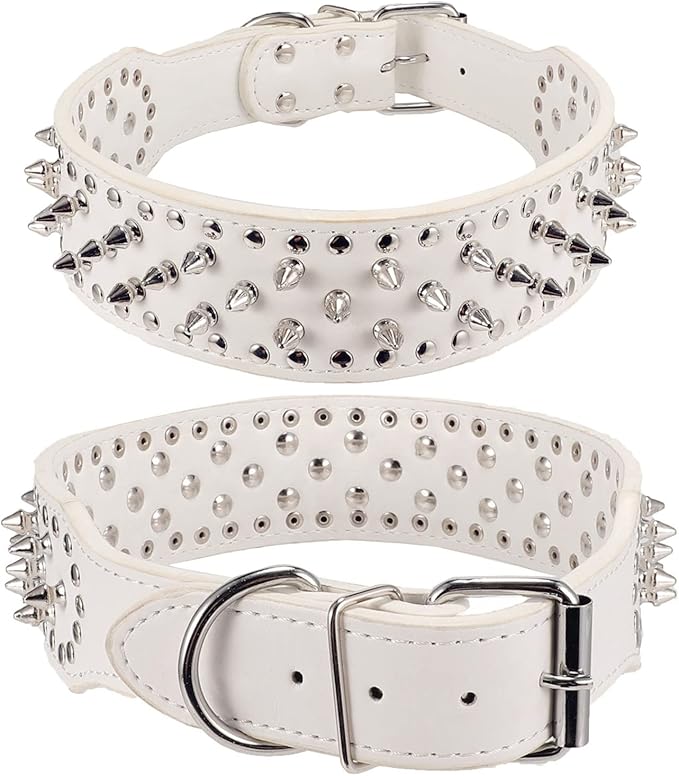 Hoot PU Leather Adjustable Spiked Studded Dog Collar 2" Wide 31 Spikes 52 Studs (M(Neck 19"-22"), White)