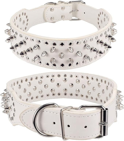Hoot PU Leather Adjustable Spiked Studded Dog Collar 2" Wide 31 Spikes 52 Studs (M(Neck 19"-22"), White)