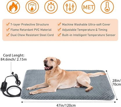 INVENHO Extra Large Pet Heating Pad, Adjustable Temperature Waterproof Dog Cat Heating Pad with Timer, Electric Pet Heated Mat