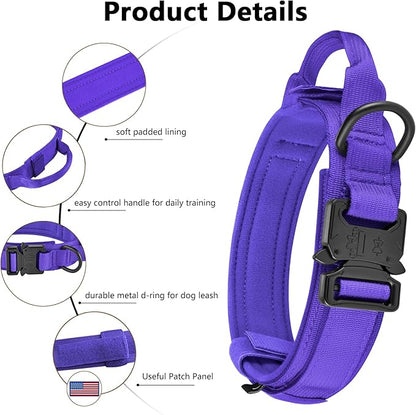 DAGANXI Tactical Dog Collar, Adjustable Military Training Nylon Dog Collar with Control Handle and Heavy Metal Buckle for Medium and Large Dogs, with Patches and Airtags Case (Purple, M)