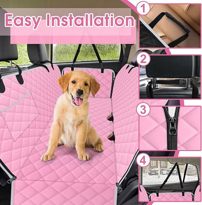NECKORY Waterproof Dog Car Seat Cover for Back Seat - Durable, Scratch Proof Pet Hammock with Nonslip Design & Storage Pockets, Fits Cars, SUVs, Trucks - L, Pink/Grey