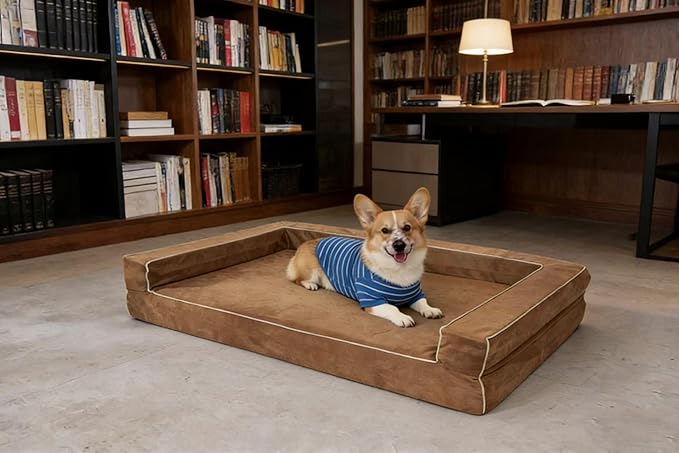 Mama halo Orthopedic Dog Bed with Memory Foam, Waterproof Liner, 3-Sided Bolster Design, Mocca Mousse, Medium, Machine Washable Cover, 34 x 22 Inches