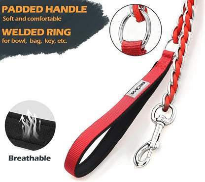 Dog Leash Chew Proof, Chain Leash Anti Chew Dog Leash for Large Dogs Heavy Duty, Indestructible Metal Leash Anti Bite Chain Link with Woven Cord Soft Padded Handle (Red, 4FT)