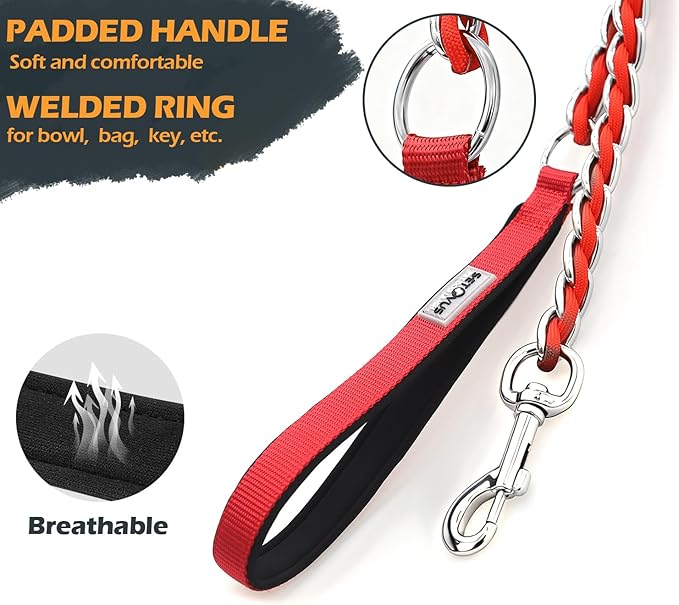 Chew Proof Metal Leash Chain Dog Leash for Medium Large Dogs, Chain Link Anti Chew 5.2FT Strong Anti Bite Comfortable Soft Padded Handle red