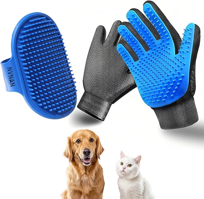 NVNAN Cat & Dog Grooming Gloves - Dog Shampoo Brush & Deshedding Brush for Shedding, Gentle Pet Hair Remover & Massage Gloves for Cats, Dogs, All Fur Types (1 Brush +1 Pair Gloves)