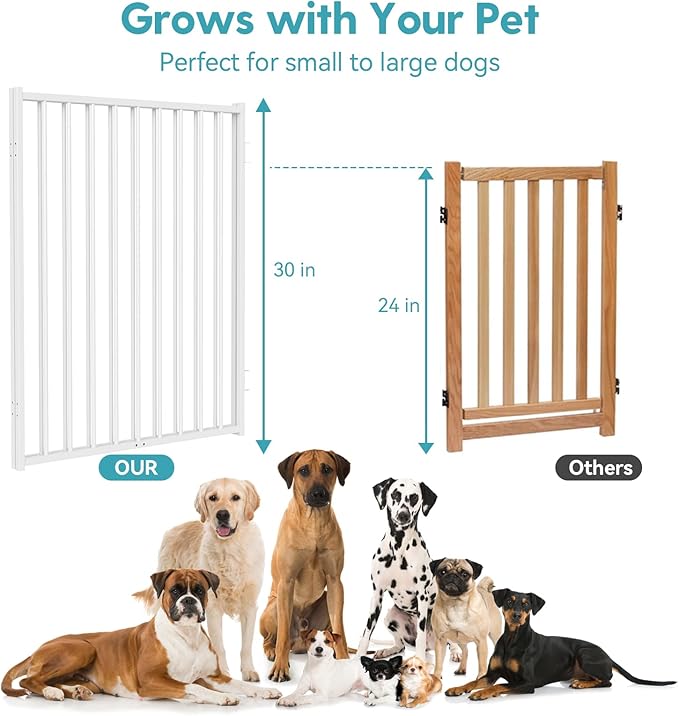 No Pawblems Free Standing Dog Gate with Door, 30'' Tall Foldable Dog Fence for Indoor & Outdoor, Up to 104 Inch Extra Wide Puppy Gate for Stairs, Hallways, Doorways, Deck, Yard (White, 4 Panels)