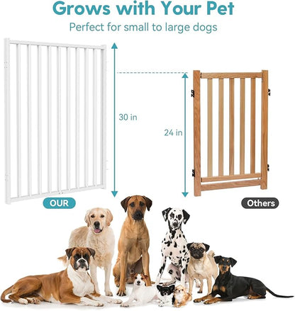 No Pawblems Free Standing Dog Gate with Door, 30'' Tall Foldable Dog Fence for Indoor & Outdoor, Up to 104 Inch Extra Wide Puppy Gate for Stairs, Hallways, Doorways, Deck, Yard (White, 4 Panels)