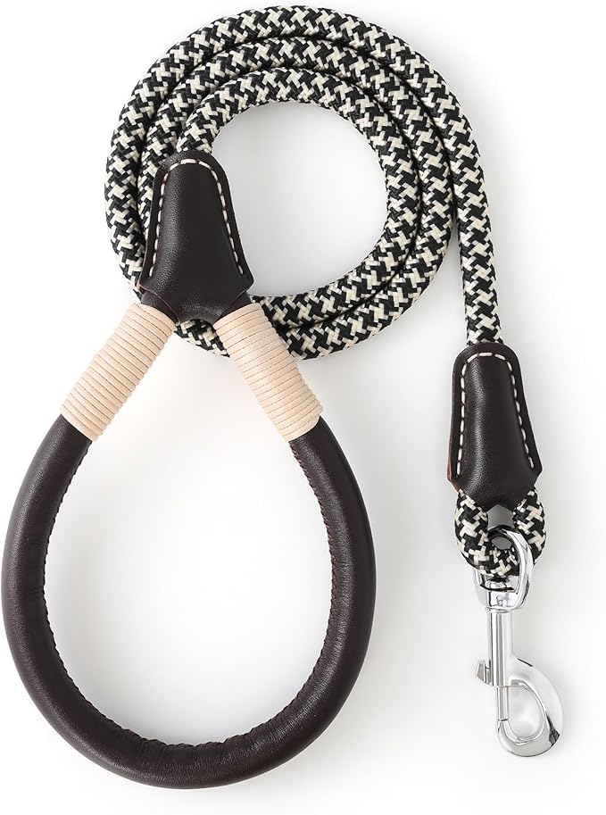 Mile High Life Genuine Leather Wrapped Handle Dog Leash, w Heavy Duty Clasp Rope Leash for Small Medium Large Dogs (Black Khaki, 5FT)
