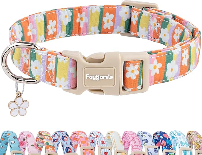 Faygarsle Colorful Floral Dog Collar, Cotton Fabric with Daisy Pattern, Multi-Color Stripes Spring Summer Design for Small Medium Large Dogs S