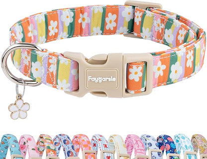 Faygarsle Colorful Floral Dog Collar, Cotton Fabric with Daisy Pattern, Multi-Color Stripes Spring Summer Design for Small Medium Large Dogs XS