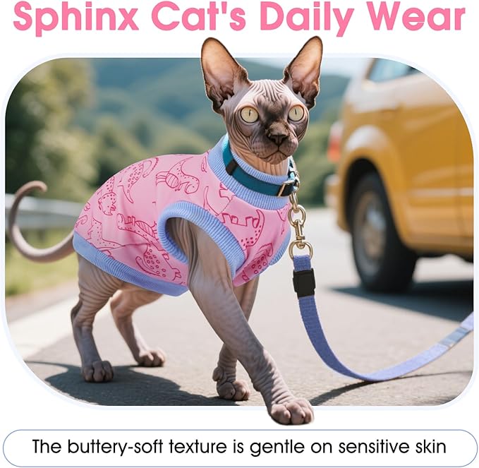 DENTRUN Sleeveless Cat Vest with Dinosaur Print, Breathable Ultra-Soft Dralon Fleece Cat Sweater, All-Season Pet Costume Apparel for Cats, Kitten Clothing for Indoor/Outdoor, Pink, M
