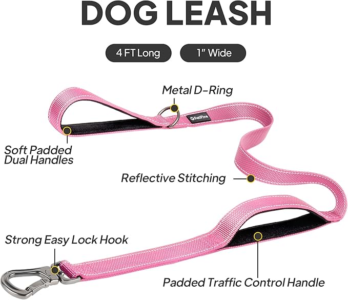 PetiFine 4FT Heavy Duty Dog Leash with Soft Padded Double Handle, Durable Strong Clasp Dog Leashes, Reflective Nylon Walking Lead for Large,Medium,Small Breed Dogs, Pink