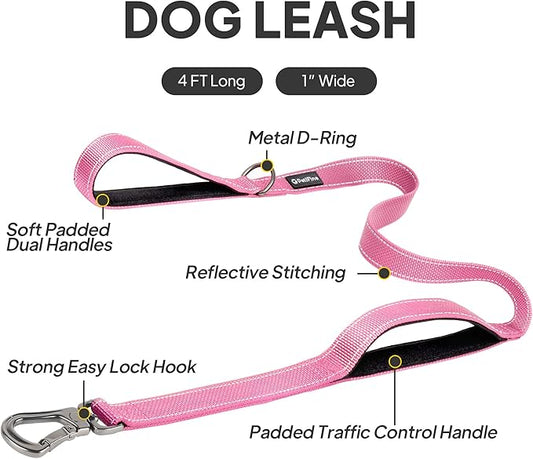 PetiFine 4FT Heavy Duty Dog Leash with Soft Padded Double Handle, Durable Strong Clasp Dog Leashes, Reflective Nylon Walking Lead for Large,Medium,Small Breed Dogs, Pink