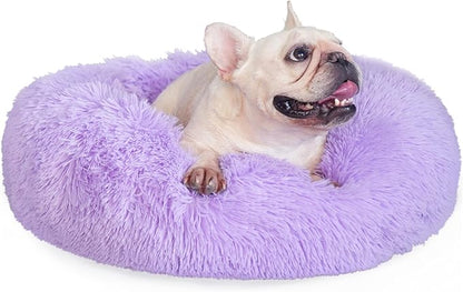 Calming Donut Dogs Beds for Small Dogs Washable,23inch Plush Round Pet Bed for Cozy Sleep,Fluffy Faux Fur Large Cat Bed,Fits up to 25 lbs Pets,Purple