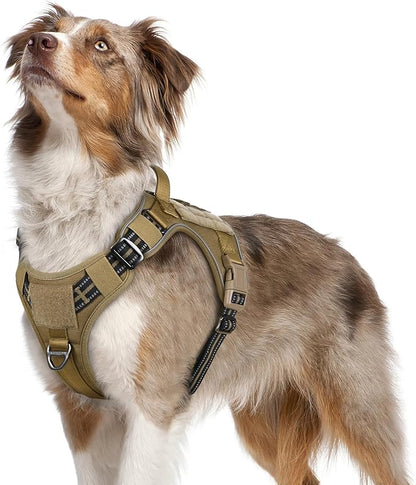 rabbitgoo Tactical Dog Harness Medium Sized Dog, No Pull Military Service Vest with Handle & Molle, Easy Control for Training Walking, Adjustable Reflective Straps, Brown, M