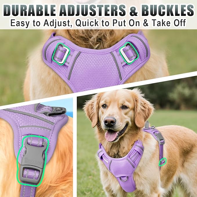 BARKBAY No Pull Dog Harness Large Reflective Dog Harness with Front Clip and Easy Control Handle for Walking Training Running with ID tag Pocket(Violet Purple,M)
