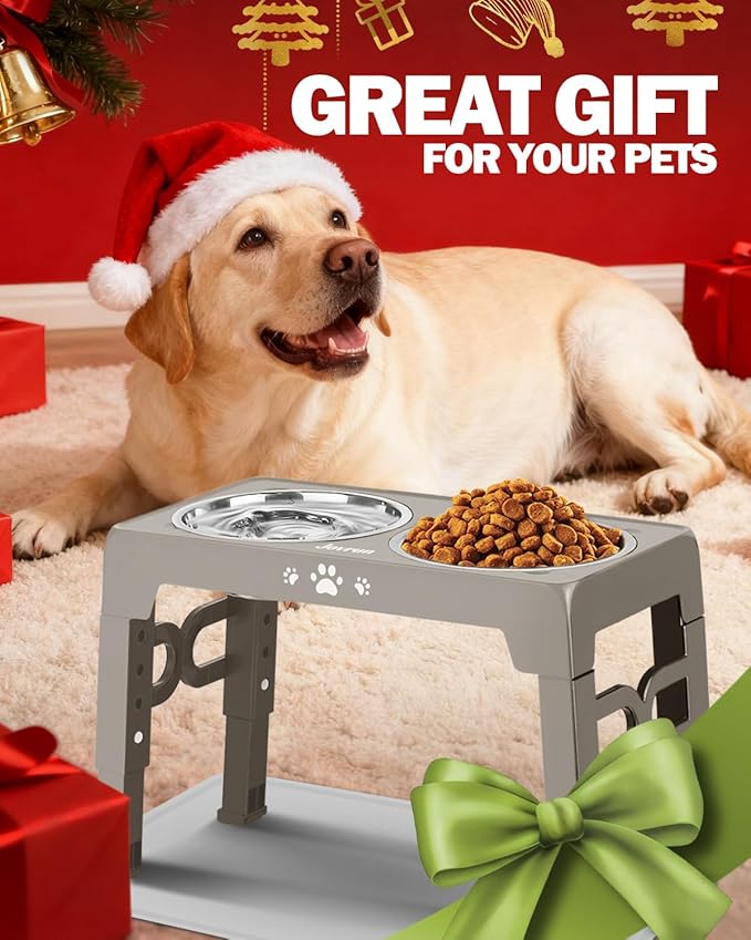 Elevated Dog Bowls, Dog Feeder with 1*Stainless Steel Dishes & 1*Slow Feeder Bowl, 5 Heights Adjustable Raised Stand for Medium Large, Food Dishes with Non-Slip Feet