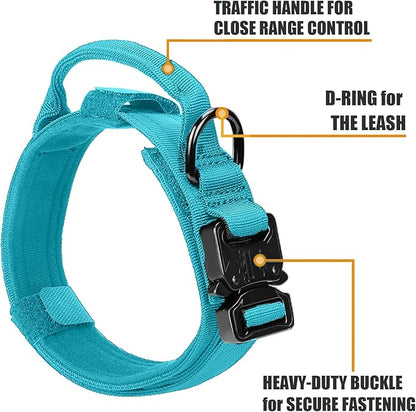 Tactical Military Dog Collar - Adjustable Nylon, Heavy Duty Metal Buckle with Handle for Dog Training, with Patches (Light Blue 1, L)