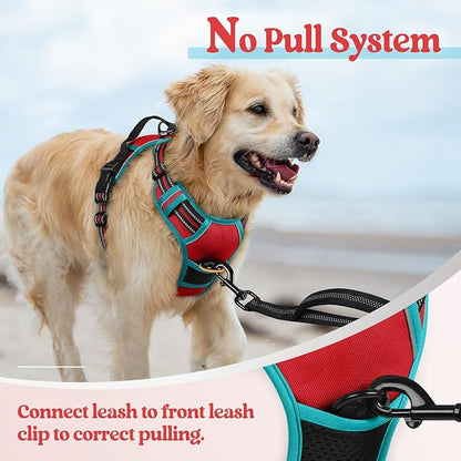 rabbitgoo Dog Harness No Pull with 2 Leash Clips, Adjustable Soft Padded, Reflective Oxford No Choke Pet Vest with Easy Control Handle for Large Dogs, Red & Teal, L