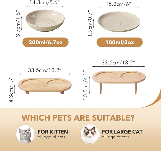 Havniva Raised Ceramic Wide Whisker Friendly Cat Dishes, Food& Water Bowl with 2 Style Stand Adjustable Pet Bowl Set, Anti Whisker Fatigue(2Dish+2Shallow Dish+Stand