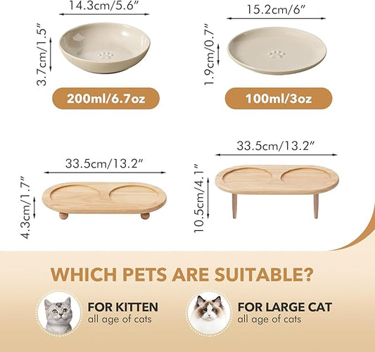 Havniva Raised Ceramic Wide Whisker Friendly Cat Dishes, Food& Water Bowl with 2 Style Stand Adjustable Pet Bowl Set, Anti Whisker Fatigue(2Dish+2Shallow Dish+Stand