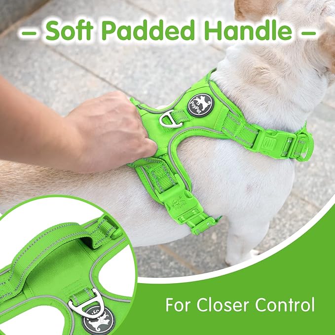 PoyPet No Pull Dog Harness and 5 Feet Leash Set, Release on Neck Reflective Adjustable Pet Vest, Front & Back 2 D-Ring and Soft Padded Pet Harness with Handle for Small to Large Dogs(Green,M)