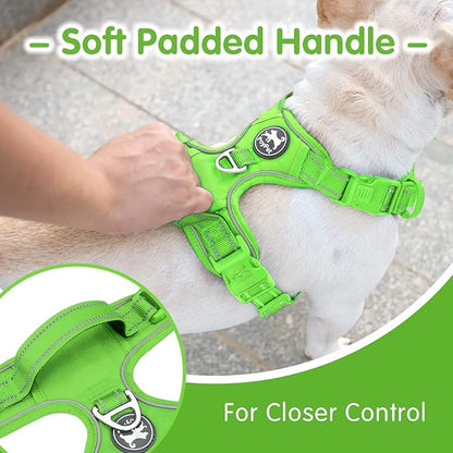PoyPet No Pull Dog Harness and 5 Feet Leash Set, Release on Neck Reflective Adjustable Pet Vest, Front & Back 2 D-Ring and Soft Padded Pet Harness with Handle for Small to Large Dogs(Green,M)
