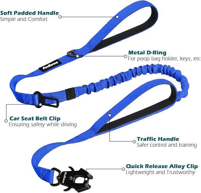 PetBonus Heavy Duty Tactical Dog Leash, 5 FT Bungee Shock Absorption Leash with 2 Padded Handles, Quick Release Metal Clip, Car Seatbelt, No Pull Training Lead for Large Medium Dogs（Blue）