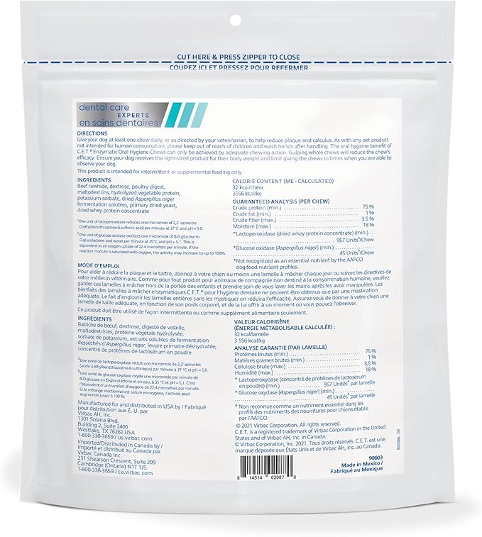 Virbac C.E.T. Enzymatic Oral Hygiene Chews for Small Dogs - Plaque & Tartar Control - Single Layer Beefhide with Exclusive Dual-Enzyme System & Tasty Chicken Flavor - Easy to Give Dog Dental Chew